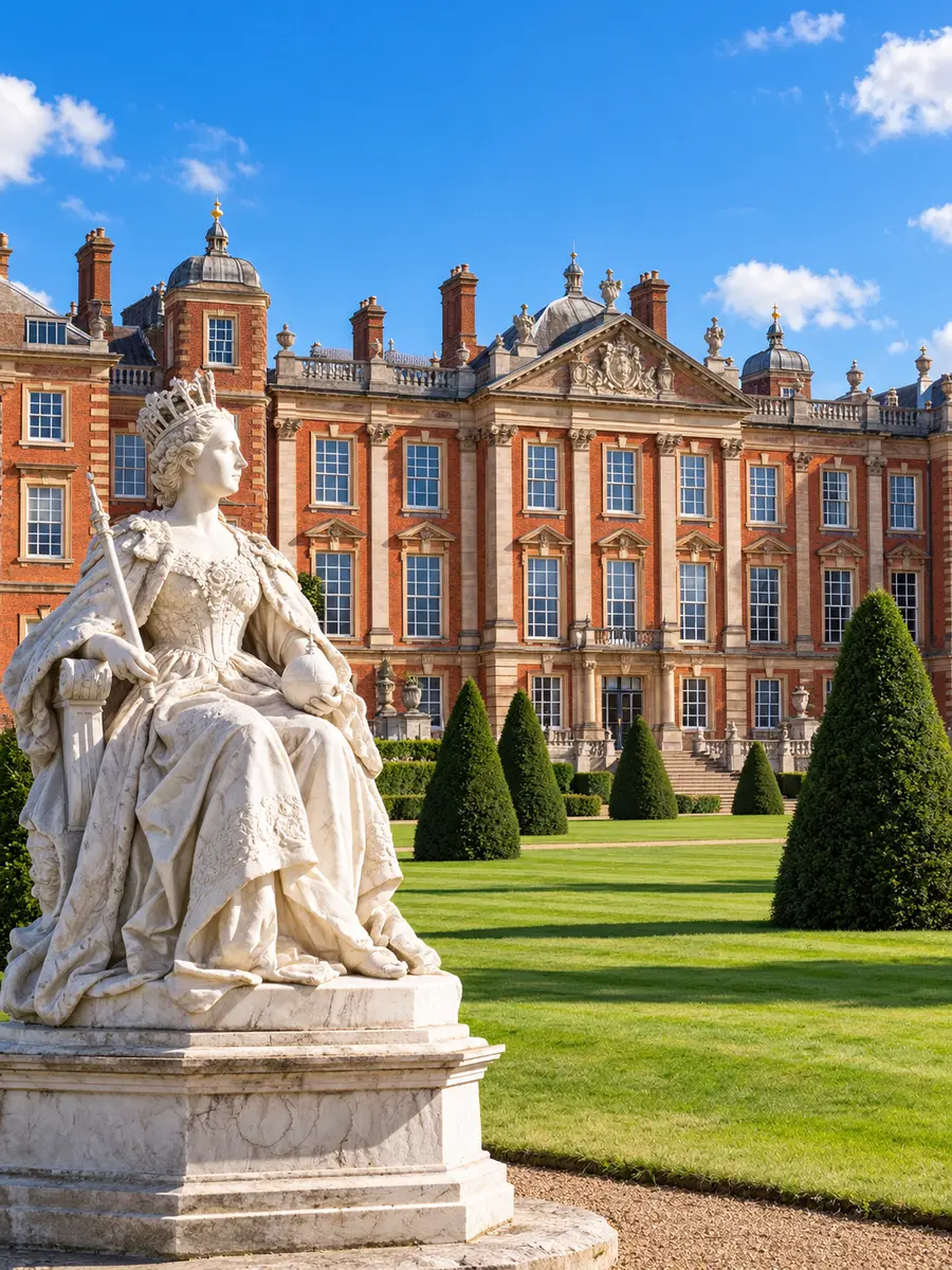 The red-brick facade of Kensington Palace across a lawn with clipped topiary