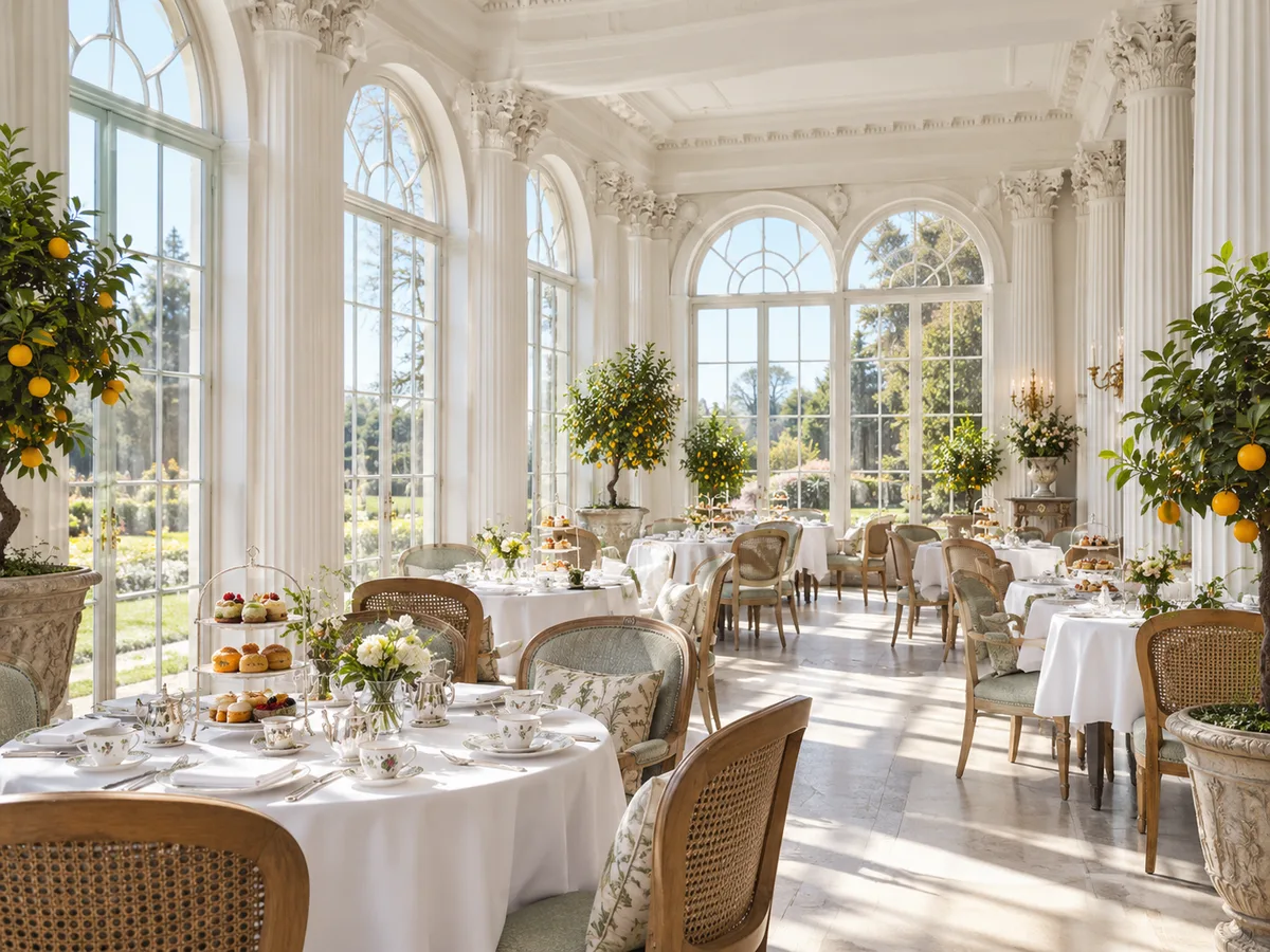 Tables set for afternoon tea in a bright historic interior