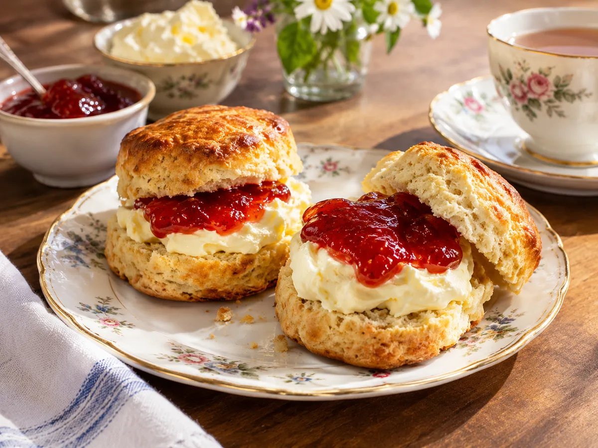 Scones with clotted cream and strawberry jam on a china plate