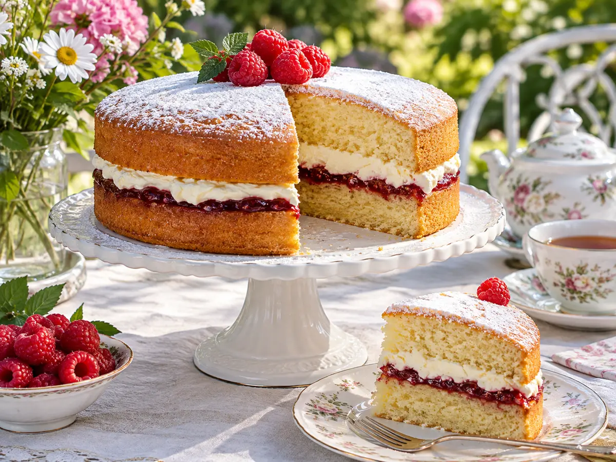 A Victoria sponge cake with jam and cream filling